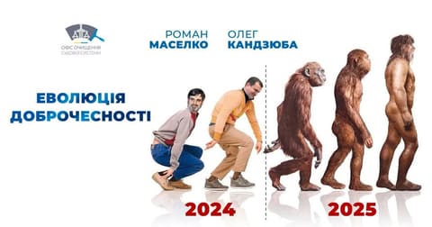 Колаж «Еволюція доброчесності»: портрети Романа Маселка та Олега Кандзюби поряд зі схемою еволюції людини.